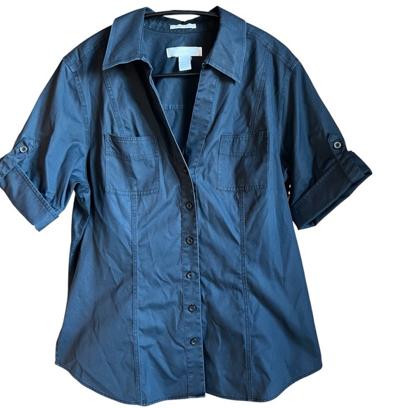 CHICOS Size 1 (8) Button Down No Iron Cotton Shirt Short Sleeve Navy/Light Black - Picture 1 of 6